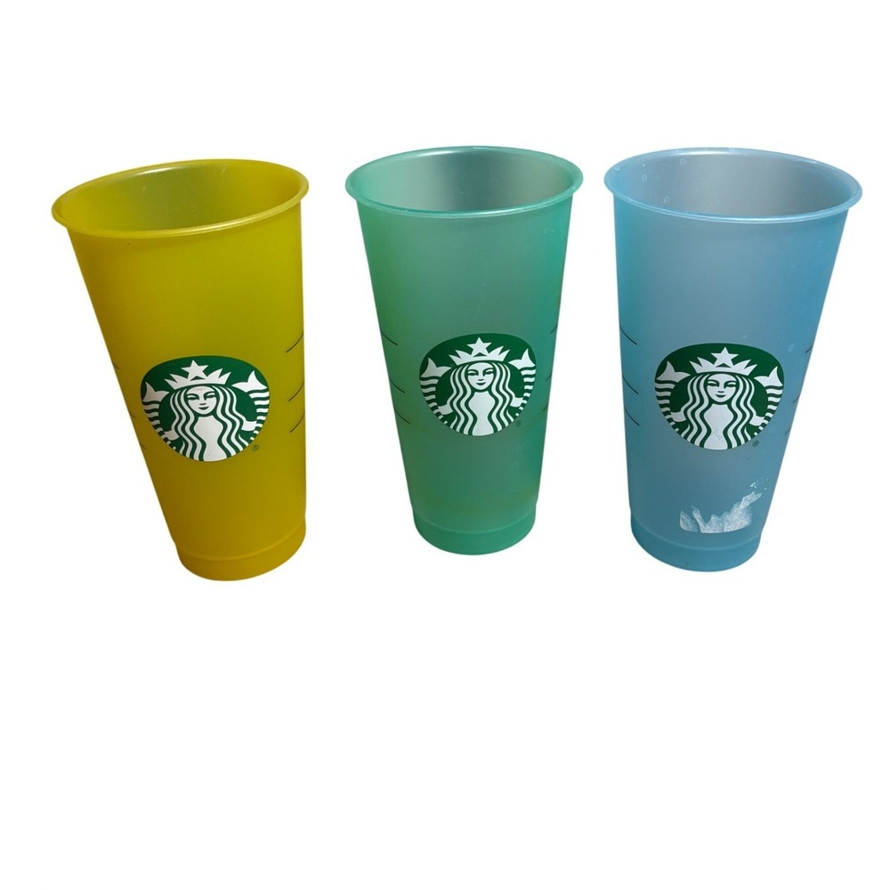 Starbucks Reusable Cold Cup 24oz Tumbler Set of 3 Yellow Teal Blue 2020